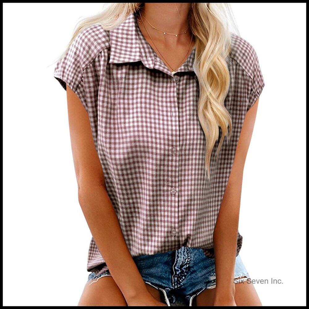 Cotton Button Down Shirt Short Cap Sleeve V Neck Collared Plaid Stripes